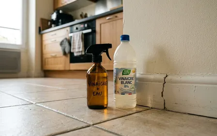 Petit pulvérisateur en verre transparent posé sur le carrelage clair d'une cuisine française contemporaine avec bouteille de vinaigre blanc translucide à côté et fissure de plinthe visible en début de matinée, ambiance sobre lumière naturelle documentaire aucun humain ni insecte visible plan rapproché