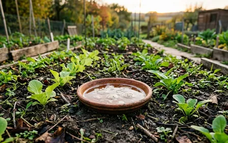 Coin de potager français d'automne avec petite soucoupe en terre cuite enterrée au niveau du sol remplie de bière blonde en fin de journée et jeunes plants verts visibles autour, ambiance sobre lumière naturelle documentaire aucun humain ni animal visible plan macro rapproché