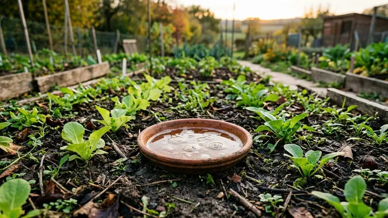 Coin de potager français d'automne avec petite soucoupe en terre cuite enterrée au niveau du sol remplie de bière blonde en fin de journée et jeunes plants verts visibles autour, ambiance sobre lumière naturelle documentaire aucun humain ni animal visible plan macro rapproché