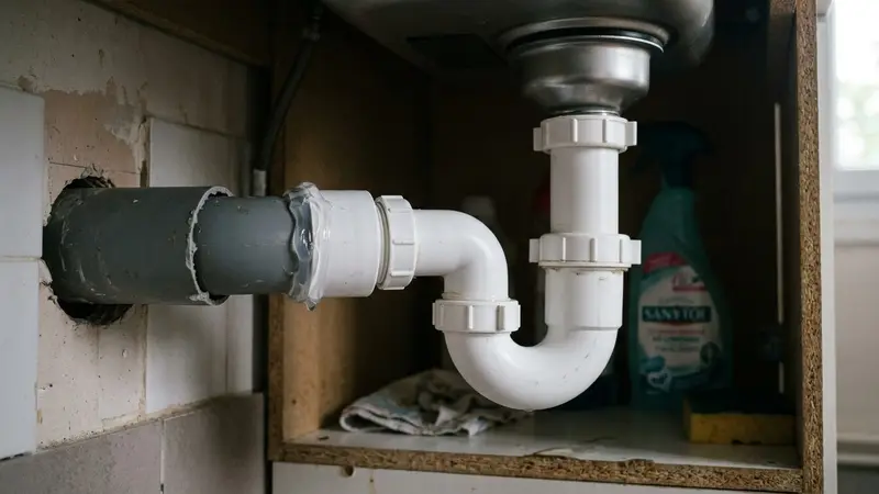 Sous-évier d'une cuisine française contemporaine avec siphon en plastique blanc visible et cordon de mastic silicone transparent appliqué aux jonctions avec le tuyau d'évacuation en début de matinée, ambiance sobre lumière naturelle documentaire aucun humain ni insecte visible plan macro rapproché