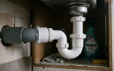 Sous-évier d'une cuisine française contemporaine avec siphon en plastique blanc visible et cordon de mastic silicone transparent appliqué aux jonctions avec le tuyau d'évacuation en début de matinée, ambiance sobre lumière naturelle documentaire aucun humain ni insecte visible plan macro rapproché