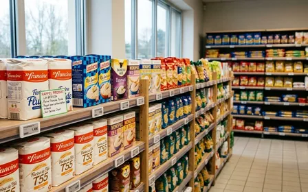 Rayon d'un supermarché français contemporain avec paquets de farine et de riz alignés sur des étagères en bois clair et étiquette de rappel produit visible sur un emballage en début de matinée, ambiance sobre lumière naturelle documentaire aucun humain visible plan rapproché