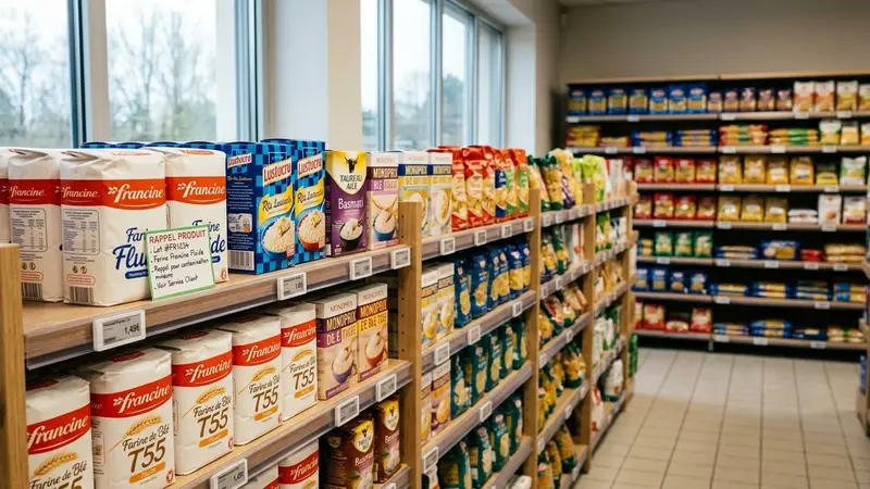 Rayon d'un supermarché français contemporain avec paquets de farine et de riz alignés sur des étagères en bois clair et étiquette de rappel produit visible sur un emballage en début de matinée, ambiance sobre lumière naturelle documentaire aucun humain visible plan rapproché
