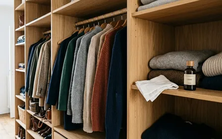 Intérieur d'un placard français en bois clair contemporain avec pulls en laine et manteaux d'automne suspendus sur des cintres et petit chiffon en coton blanc posé sur une étagère à côté d'un flacon d'huile essentielle en verre ambré, ambiance sobre lumière naturelle documentaire aucun humain ni insecte visible plan rapproché