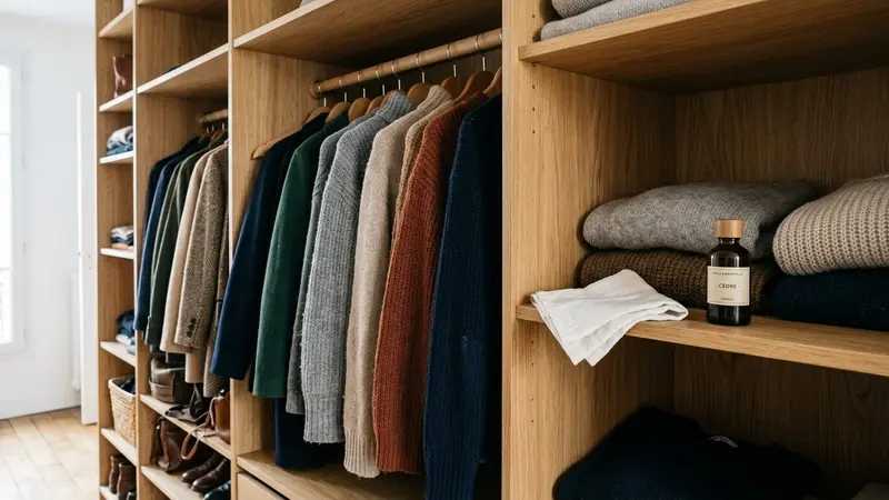 Intérieur d'un placard français en bois clair contemporain avec pulls en laine et manteaux d'automne suspendus sur des cintres et petit chiffon en coton blanc posé sur une étagère à côté d'un flacon d'huile essentielle en verre ambré, ambiance sobre lumière naturelle documentaire aucun humain ni insecte visible plan rapproché