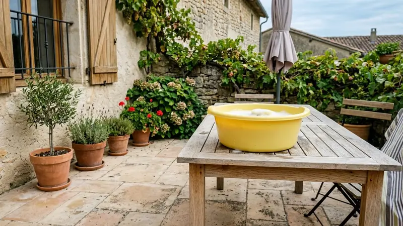 Coin de terrasse française contemporaine en carrelage clair avec grand saladier en plastique jaune vif rempli d'eau savonneuse posé sur une table en bois clair en début d'après-midi de septembre, ambiance sobre lumière naturelle documentaire aucun humain ni insecte visible plan rapproché