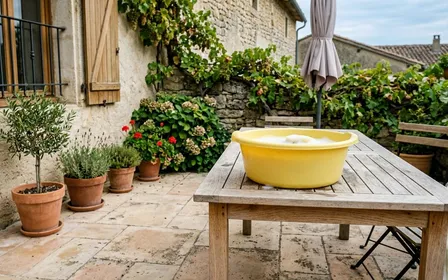 Coin de terrasse française contemporaine en carrelage clair avec grand saladier en plastique jaune vif rempli d'eau savonneuse posé sur une table en bois clair en début d'après-midi de septembre, ambiance sobre lumière naturelle documentaire aucun humain ni insecte visible plan rapproché
