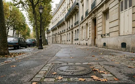 Trottoir français d'un quartier résidentiel avec bouche d'égout métallique visible au sol et façade d'immeuble en pierre claire en début de matinée d'automne, ambiance sobre lumière naturelle documentaire aucun humain ni animal visible plan rapproché
