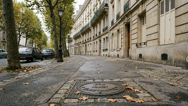 Trottoir français d'un quartier résidentiel avec bouche d'égout métallique visible au sol et façade d'immeuble en pierre claire en début de matinée d'automne, ambiance sobre lumière naturelle documentaire aucun humain ni animal visible plan rapproché