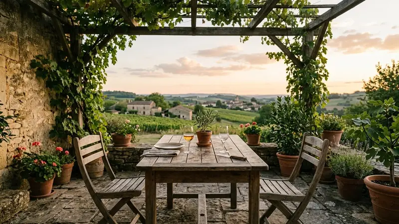 Terrasse française en fin de journée de septembre avec table de repas en bois clair et deux chaises vides sous une pergola avec plantes vertes en pot, ambiance sobre lumière naturelle chaude documentaire aucun humain ni insecte visible plan large