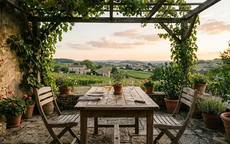 Terrasse française en fin de journée de septembre avec table de repas en bois clair et deux chaises vides sous une pergola avec plantes vertes en pot, ambiance sobre lumière naturelle chaude documentaire aucun humain ni insecte visible plan large