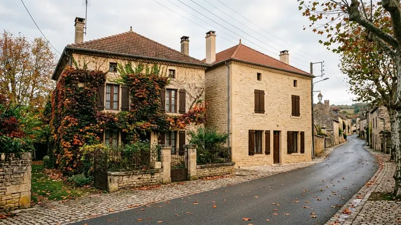 Deux maisons françaises voisines identiques en pierre claire vues depuis la rue en fin d'après-midi d'automne avec l'une entourée de lierre grimpant et l'autre à façade nettoyée, ambiance sobre lumière naturelle documentaire aucun humain ni animal visible plan large
