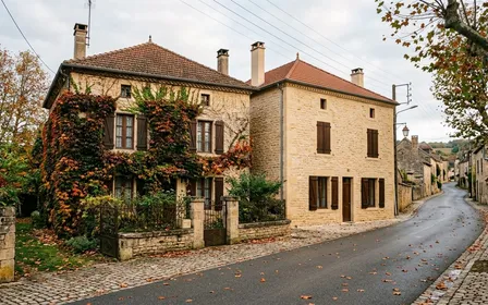 Deux maisons françaises voisines identiques en pierre claire vues depuis la rue en fin d'après-midi d'automne avec l'une entourée de lierre grimpant et l'autre à façade nettoyée, ambiance sobre lumière naturelle documentaire aucun humain ni animal visible plan large