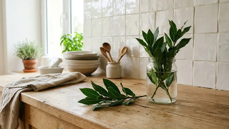 Cuisine française contemporaine en carrelage clair avec petites feuilles de laurier-sauce vert foncé fraîchement cueillies posées sur un plan de travail en bois clair près d'un pot en verre transparent, ambiance sobre lumière naturelle documentaire aucun humain ni insecte visible plan macro rapproché