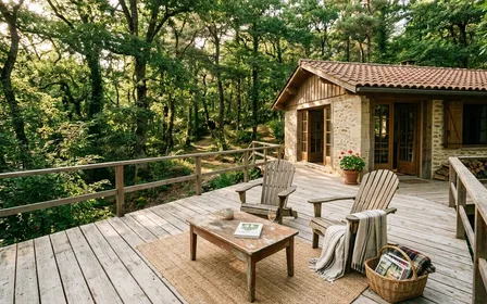 Terrasse en bois clair d'un cottage de vacances en forêt française en fin d'après-midi d'été avec table basse et fauteuils vides sous les arbres, ambiance sobre lumière naturelle documentaire aucun humain ni animal visible plan large