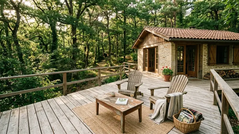 Terrasse en bois clair d'un cottage de vacances en forêt française en fin d'après-midi d'été avec table basse et fauteuils vides sous les arbres, ambiance sobre lumière naturelle documentaire aucun humain ni animal visible plan large