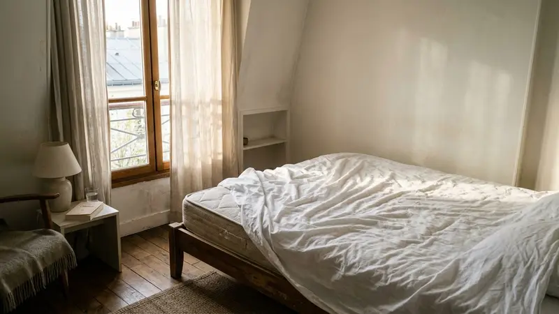 Chambre française contemporaine en début de matinée avec drap blanc froissé sur un matelas nu et lumière naturelle traversant les rideaux entrouverts, ambiance sobre documentaire aucun humain ni insecte visible plan large sur un coin de lit