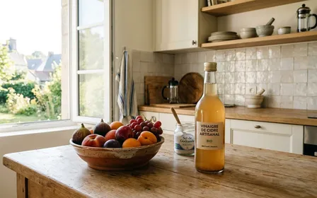 Cuisine française contemporaine en carrelage clair avec plan de travail en bois clair et bol de fruits mûrs posé près d'une bouteille de vinaigre de cidre translucide en début de matinée, ambiance sobre lumière naturelle documentaire aucun humain ni insecte visible plan rapproché