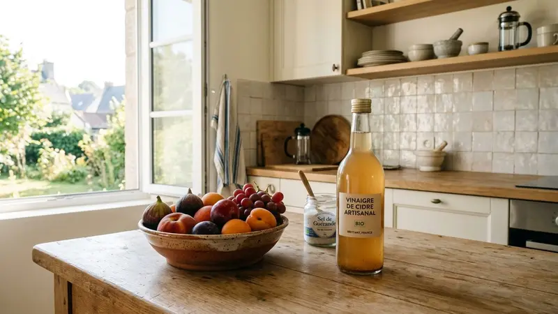 Cuisine française contemporaine en carrelage clair avec plan de travail en bois clair et bol de fruits mûrs posé près d'une bouteille de vinaigre de cidre translucide en début de matinée, ambiance sobre lumière naturelle documentaire aucun humain ni insecte visible plan rapproché