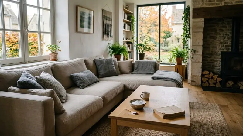 Salon français contemporain avec canapé beige clair et coussins gris posés sur le tissu en fin de matinée d'automne avec petit bol de bicarbonate blanc posé sur une table basse en bois clair, ambiance sobre lumière naturelle documentaire aucun humain visible plan rapproché