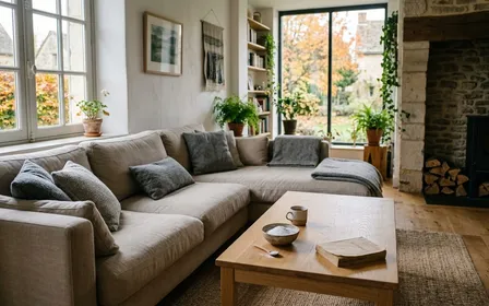 Salon français contemporain avec canapé beige clair et coussins gris posés sur le tissu en fin de matinée d'automne avec petit bol de bicarbonate blanc posé sur une table basse en bois clair, ambiance sobre lumière naturelle documentaire aucun humain visible plan rapproché