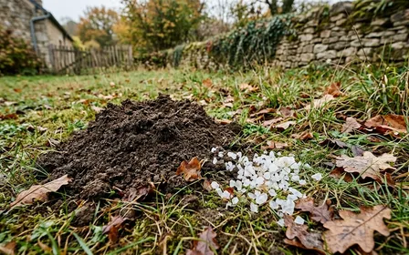 Coin de pelouse française d'automne avec petite butte de terre fraîche d'une taupinière et poignée de gros sel gemme translucide déposée sur le sol à côté en fin de matinée, ambiance sobre lumière naturelle documentaire aucun humain ni animal visible plan macro rapproché