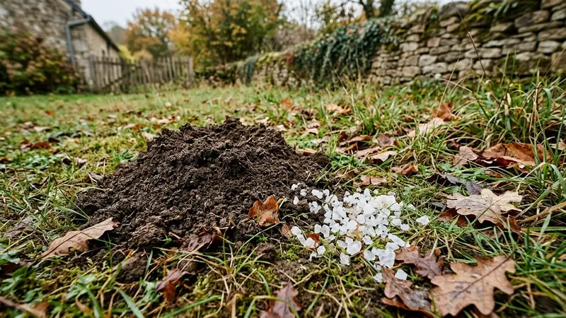 Coin de pelouse française d'automne avec petite butte de terre fraîche d'une taupinière et poignée de gros sel gemme translucide déposée sur le sol à côté en fin de matinée, ambiance sobre lumière naturelle documentaire aucun humain ni animal visible plan macro rapproché
