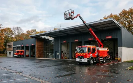 Caserne de pompiers française contemporaine avec camion rouge d'intervention et perche télescopique visible sous un toit couvert en début de matinée d'automne, ambiance sobre lumière naturelle documentaire aucun humain visible plan large