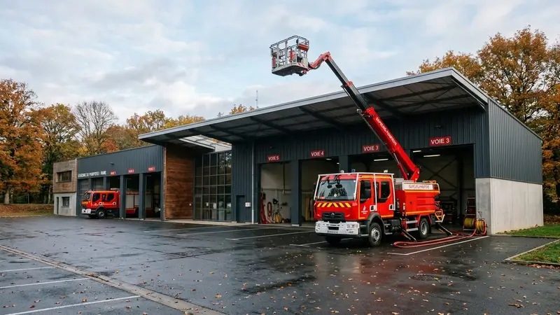 Caserne de pompiers française contemporaine avec camion rouge d'intervention et perche télescopique visible sous un toit couvert en début de matinée d'automne, ambiance sobre lumière naturelle documentaire aucun humain visible plan large