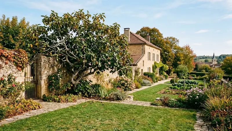 Jardin français d'automne avec figuier français aux fruits mûrs suspendus et pelouse verte en début d'après-midi ensoleillé, ambiance sobre lumière naturelle documentaire aucun humain ni insecte visible plan large