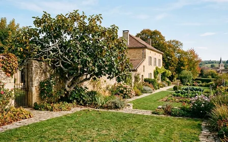 Jardin français d'automne avec figuier français aux fruits mûrs suspendus et pelouse verte en début d'après-midi ensoleillé, ambiance sobre lumière naturelle documentaire aucun humain ni insecte visible plan large