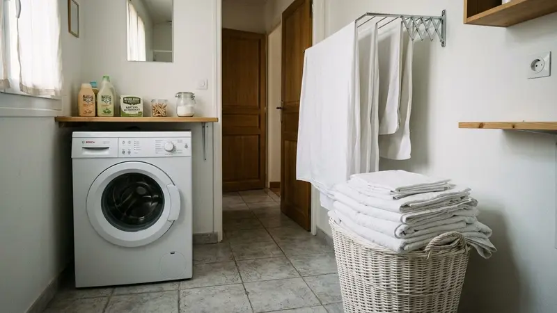 Buanderie française contemporaine en carrelage clair avec lave-linge blanc et panier à linge blanc rempli de draps blancs pliés en début de matinée, ambiance sobre lumière naturelle documentaire aucun humain ni insecte visible plan large