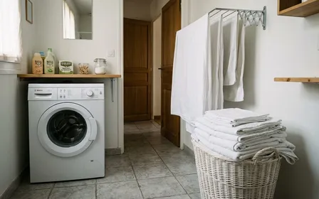 Buanderie française contemporaine en carrelage clair avec lave-linge blanc et panier à linge blanc rempli de draps blancs pliés en début de matinée, ambiance sobre lumière naturelle documentaire aucun humain ni insecte visible plan large