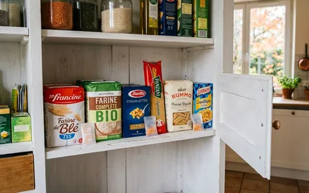 Placard de cuisine française contemporain ouvert avec paquets de farine et pâtes alignés sur étagère blanche et petits sachets translucides de gel de silice posés entre les paquets en début de matinée d'automne, ambiance sobre lumière naturelle documentaire aucun humain ni insecte visible plan rapproché