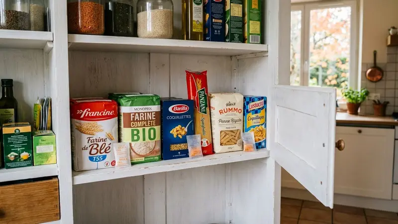 Placard de cuisine française contemporain ouvert avec paquets de farine et pâtes alignés sur étagère blanche et petits sachets translucides de gel de silice posés entre les paquets en début de matinée d'automne, ambiance sobre lumière naturelle documentaire aucun humain ni insecte visible plan rapproché