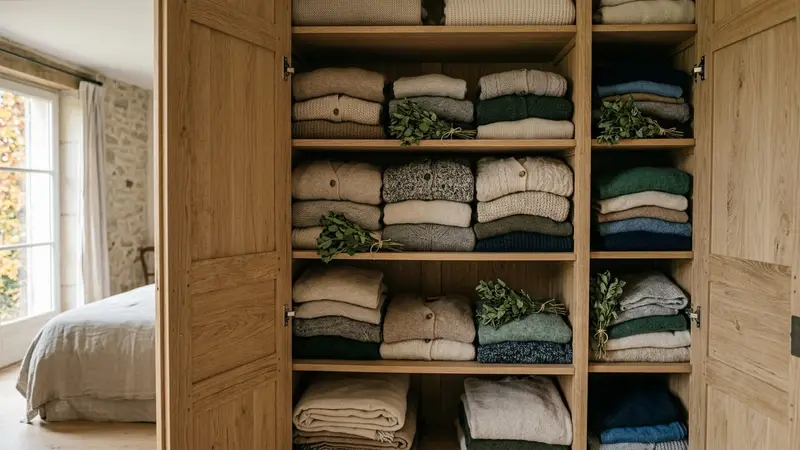 Armoire en bois clair française contemporaine ouverte avec pulls et lainages pliés sur des étagères et petits bouquets de feuilles de menthe séchée vertes posés entre les piles de vêtements en fin de matinée d'automne, ambiance sobre lumière naturelle documentaire aucun humain ni insecte visible plan rapproché