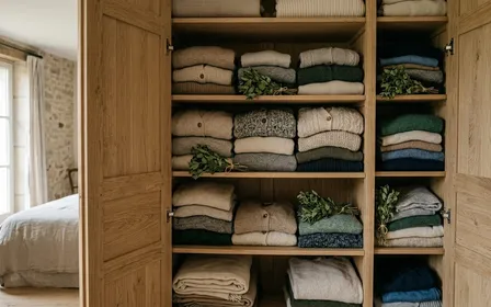 Armoire en bois clair française contemporaine ouverte avec pulls et lainages pliés sur des étagères et petits bouquets de feuilles de menthe séchée vertes posés entre les piles de vêtements en fin de matinée d'automne, ambiance sobre lumière naturelle documentaire aucun humain ni insecte visible plan rapproché