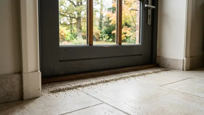 Seuil de porte française contemporaine vue depuis l'intérieur en carrelage clair avec fine ligne de poivre noir moulu déposée le long du bas de porte en fin de matinée d'automne, ambiance sobre lumière naturelle documentaire aucun humain ni insecte visible plan macro rapproché