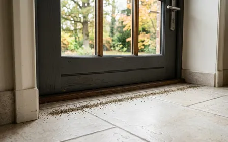 Seuil de porte française contemporaine vue depuis l'intérieur en carrelage clair avec fine ligne de poivre noir moulu déposée le long du bas de porte en fin de matinée d'automne, ambiance sobre lumière naturelle documentaire aucun humain ni insecte visible plan macro rapproché
