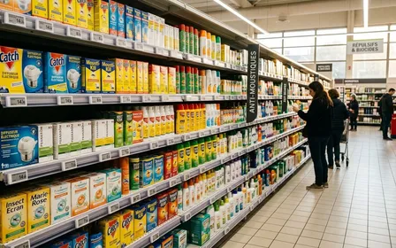 Rayon de supermarché français contemporain avec produits anti-moustiques en boîtes colorées alignés sur des étagères blanches en fin d'après-midi, ambiance sobre lumière artificielle documentaire aucun humain visible plan large