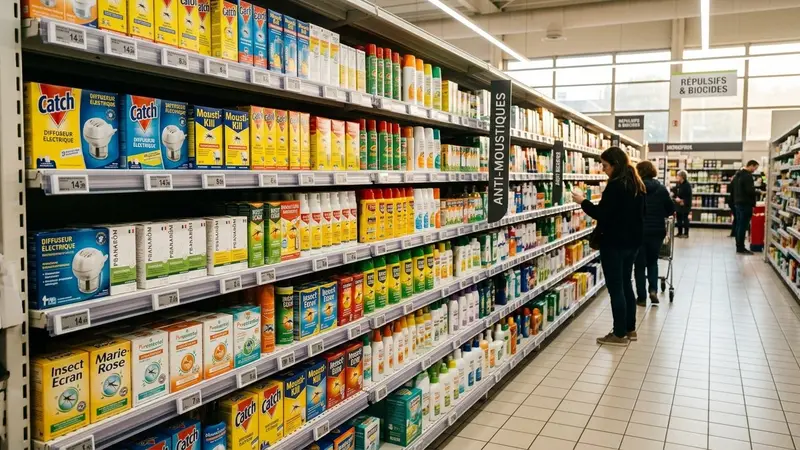 Rayon de supermarché français contemporain avec produits anti-moustiques en boîtes colorées alignés sur des étagères blanches en fin d'après-midi, ambiance sobre lumière artificielle documentaire aucun humain visible plan large
