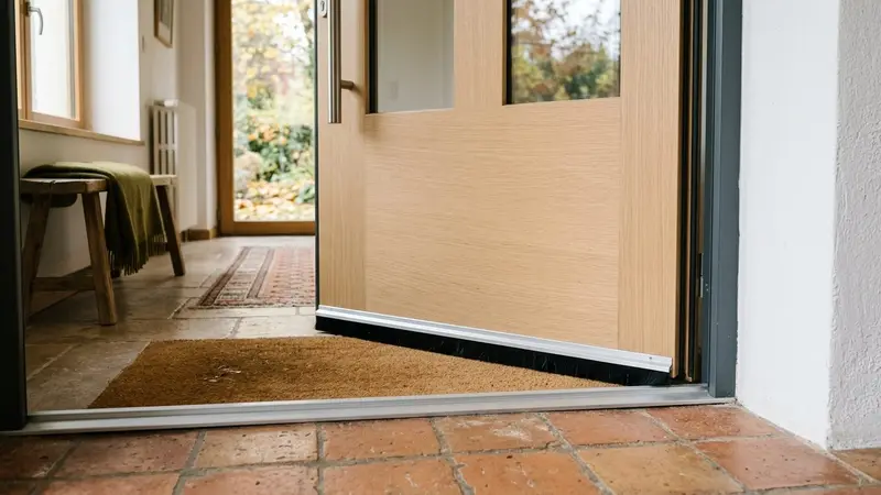 Porte d'entrée française contemporaine en bois clair vue de l'intérieur avec seuil en aluminium propre et joint balai brosse noir visible sous la porte en fin de matinée d'automne, ambiance sobre lumière naturelle documentaire aucun humain ni animal visible plan macro rapproché