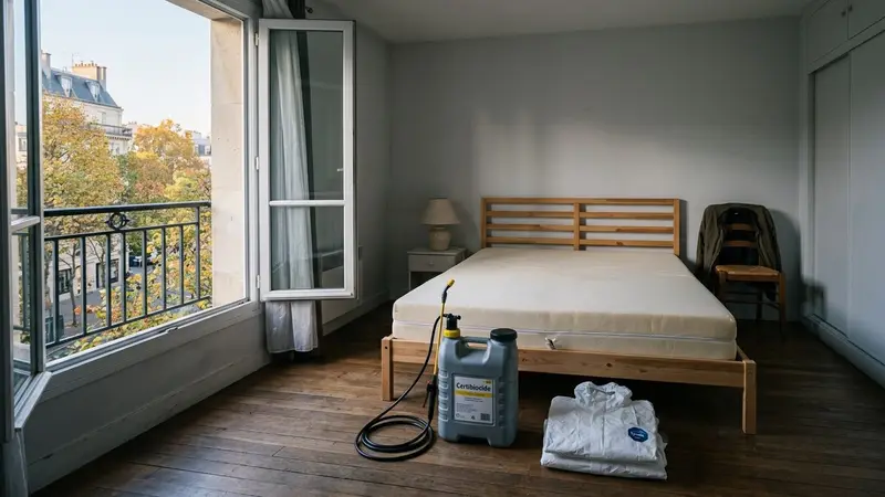 Chambre française contemporaine en début de matinée d'automne avec matelas nu à traiter et pulvérisateur d'entreprise Certibiocide posé au sol à côté d'une combinaison blanche pliée, ambiance sobre lumière naturelle documentaire aucun humain ni insecte visible plan large