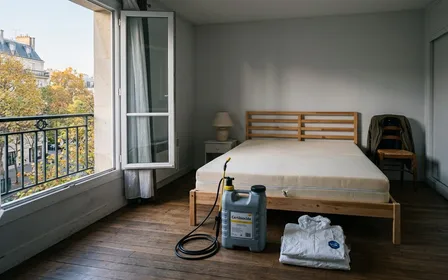 Chambre française contemporaine en début de matinée d'automne avec matelas nu à traiter et pulvérisateur d'entreprise Certibiocide posé au sol à côté d'une combinaison blanche pliée, ambiance sobre lumière naturelle documentaire aucun humain ni insecte visible plan large