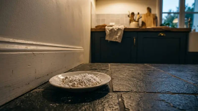 Coin de cuisine française contemporaine en carrelage clair sombre en fin de journée d'automne avec petite soucoupe en porcelaine blanche contenant un mélange de poudre blanche de bicarbonate et sucre glace posée au sol près d'une plinthe, ambiance sobre lumière artificielle douce documentaire aucun humain ni insecte visible plan macro rapproché