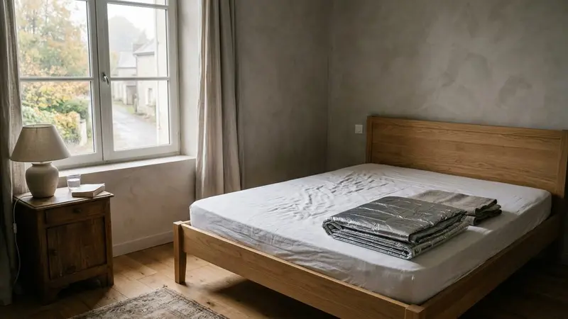Chambre française contemporaine en début de matinée d'automne avec matelas nu blanc sur sommier bois clair et drap thermique argenté plié posé au pied du lit, ambiance sobre lumière naturelle documentaire aucun humain ni insecte visible plan large sur un coin de lit