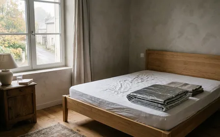 Chambre française contemporaine en début de matinée d'automne avec matelas nu blanc sur sommier bois clair et drap thermique argenté plié posé au pied du lit, ambiance sobre lumière naturelle documentaire aucun humain ni insecte visible plan large sur un coin de lit