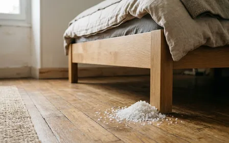 Coin de chambre française contemporaine en fin de matinée d'automne avec pied de lit en bois clair vu depuis le sol et petit tas de gros sel translucide déposé sur le parquet à côté, ambiance sobre lumière naturelle documentaire aucun humain ni insecte visible plan macro rapproché