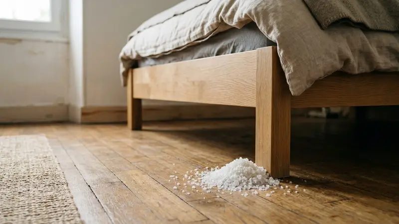 Coin de chambre française contemporaine en fin de matinée d'automne avec pied de lit en bois clair vu depuis le sol et petit tas de gros sel translucide déposé sur le parquet à côté, ambiance sobre lumière naturelle documentaire aucun humain ni insecte visible plan macro rapproché