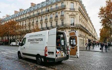 Camionnette blanche d'entreprise de désinsectisation garée devant un immeuble haussmannien parisien en fin de matinée d'automne avec matériel professionnel visible à l'arrière ouverte, ambiance sobre lumière naturelle documentaire aucun humain ni insecte visible plan large